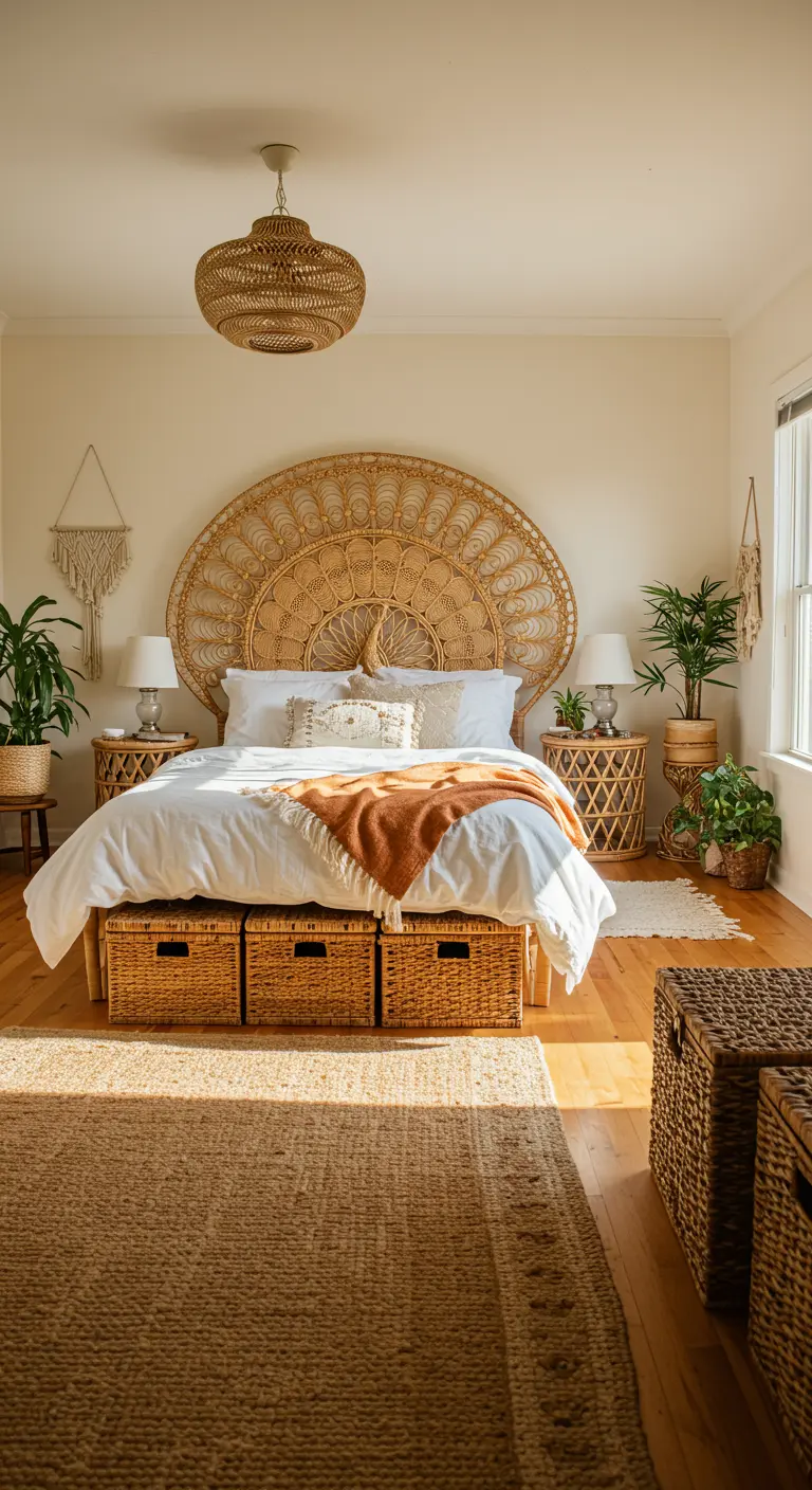 Dormitorio luminoso con gran cabecero de ratán, cestas de mimbre y plantas naturales.