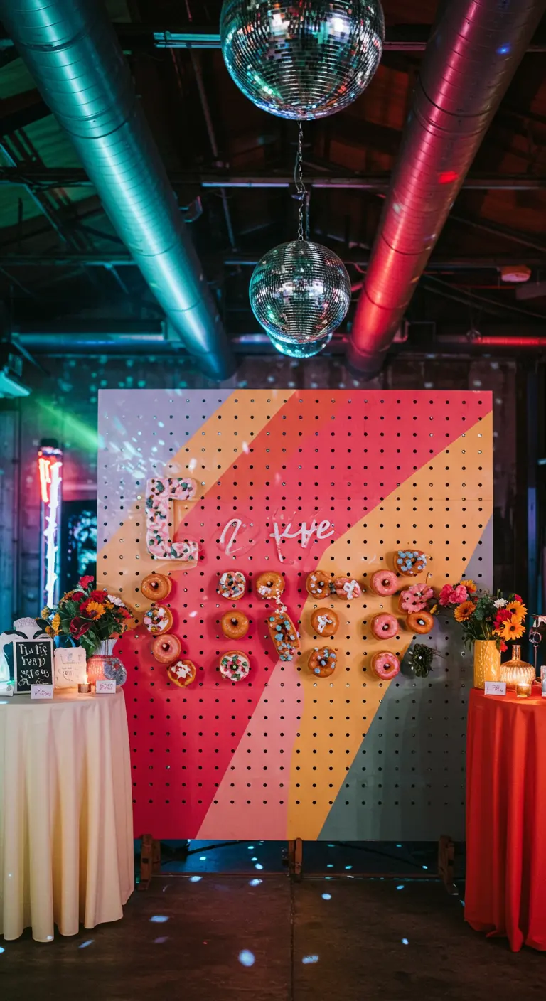 Pared de donuts de colores vibrantes con temática disco y bolas de espejos colgando.