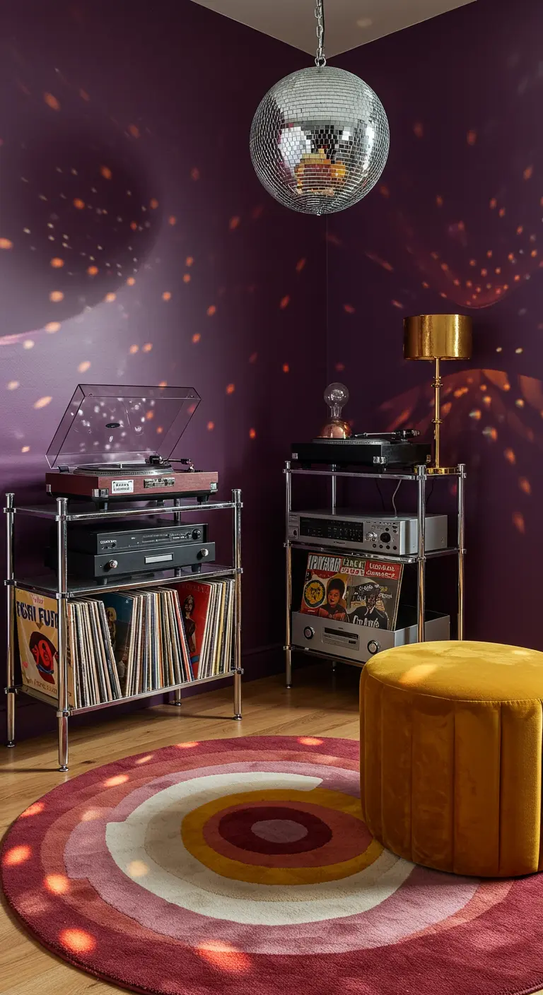 Rincón de música con una bola de espejos, paredes moradas, estanterías cromadas y un puf de terciopelo.