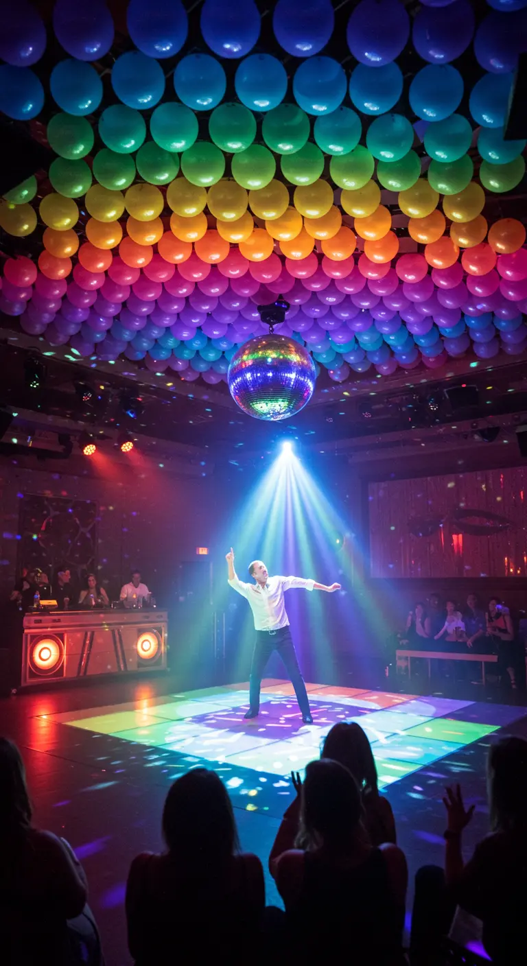 Pista de baile con un techo de globos arcoíris y una bola de discoteca en el centro.