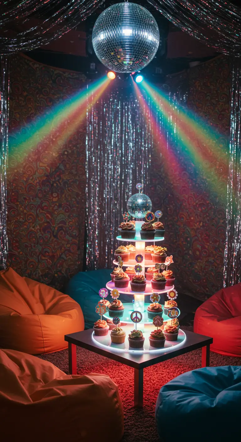 Fiesta disco de los 70 con una torre de cupcakes iluminada bajo una bola de espejos.