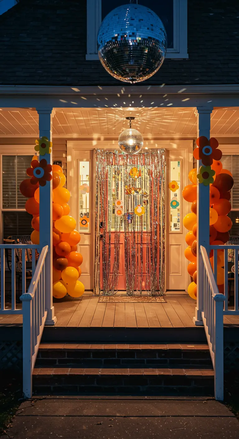 Porche decorado para una fiesta disco de los 70 con una bola de espejos y globos naranjas.