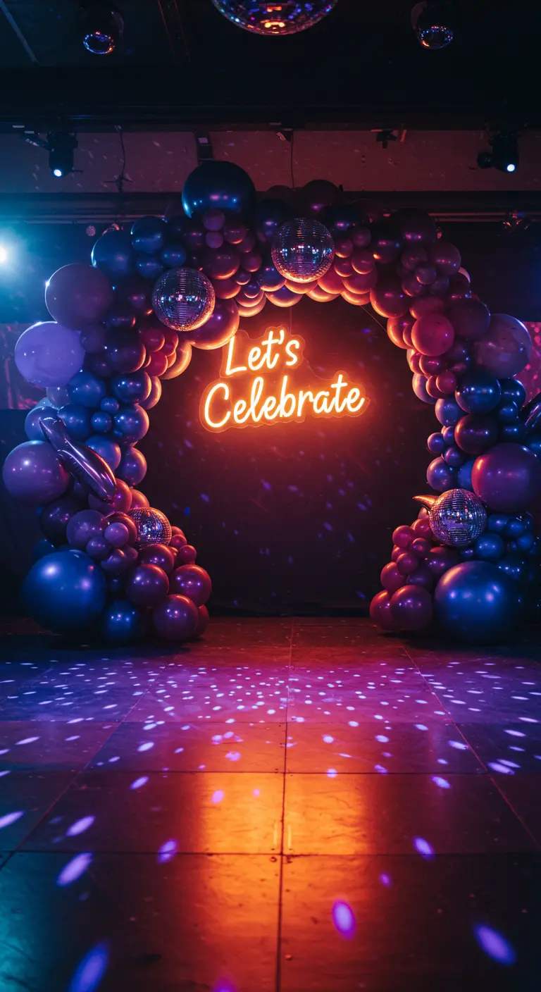 Arco de globos morados y azules con bolas de discoteca y un letrero de neón.