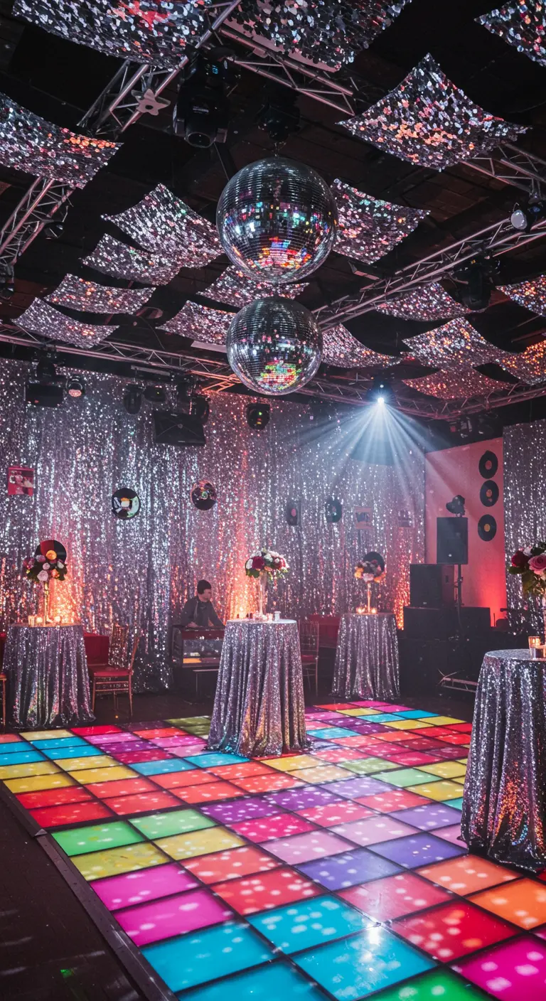 Pista de baile de discoteca con techo y mesas cubiertas de lentejuelas plateadas.