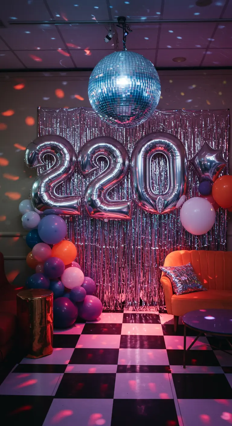 Decoración de fiesta disco con globos '220', bola de espejos y cortina plateada.