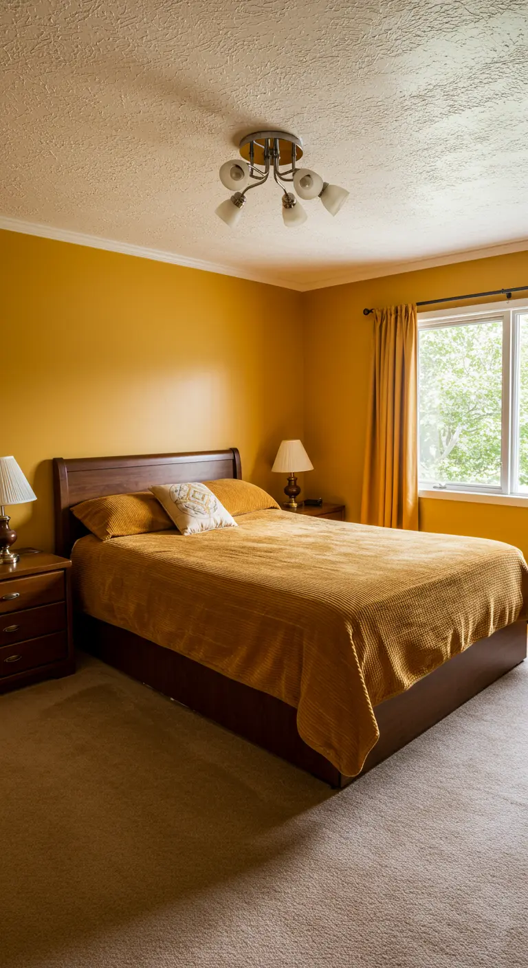 Dormitorio monocromático en tonos mostaza con paredes pintadas y ropa de cama a juego.