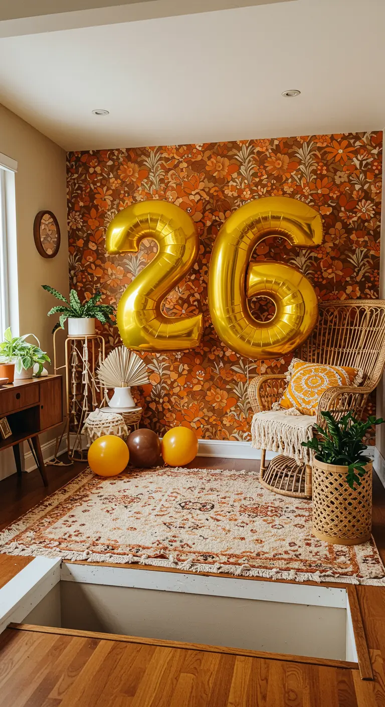 Globos dorados del número 26 frente a una pared con papel pintado floral de los años 70.