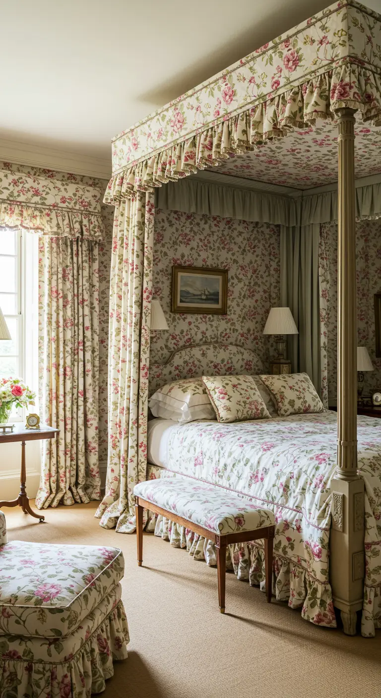 Dormitorio de los 80 con estampado floral a juego en la cama con dosel, paredes y cortinas.
