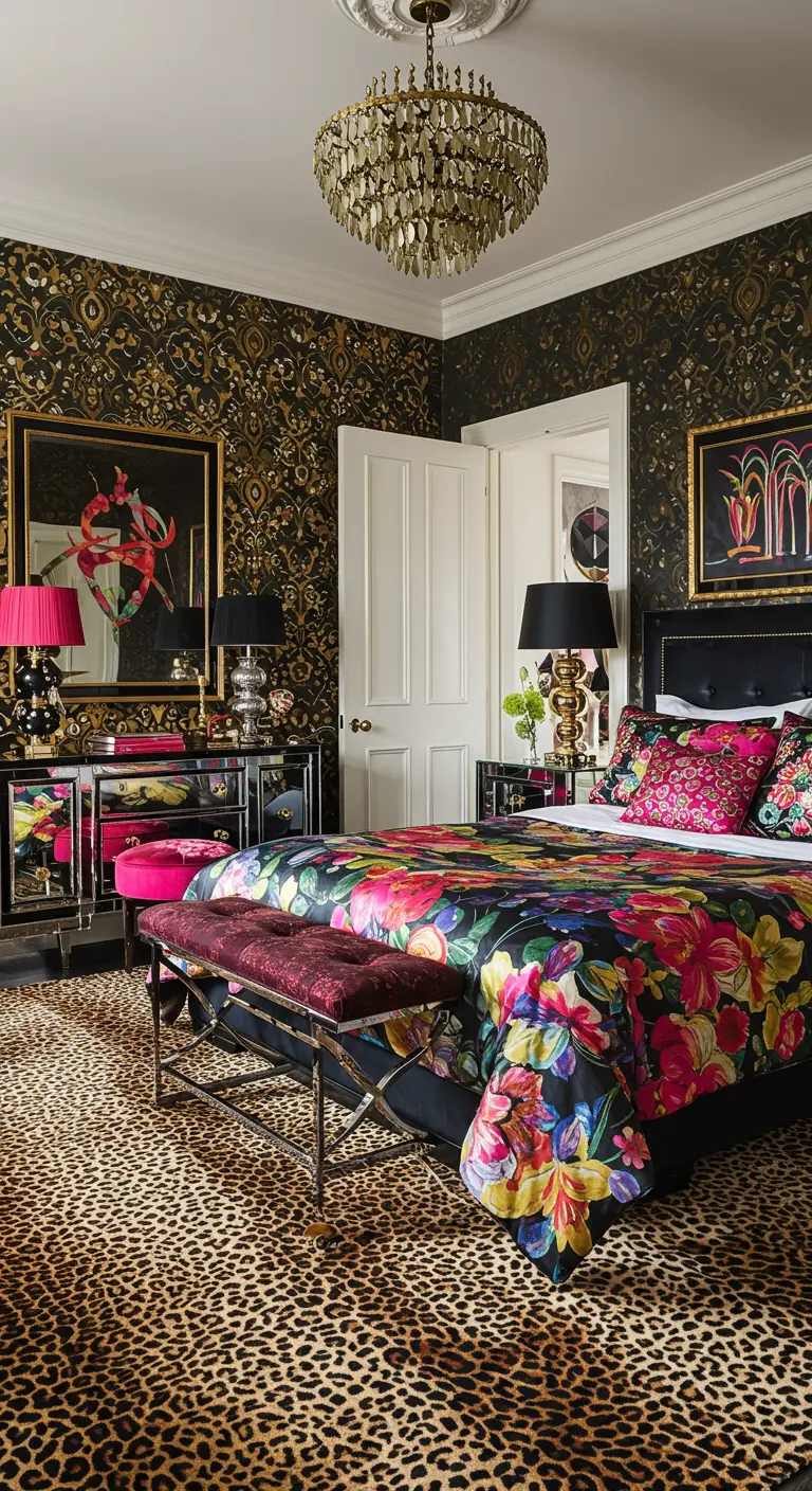 Dormitorio maximalista de los 80 con papel tapiz estampado, alfombra de leopardo y edredón floral.