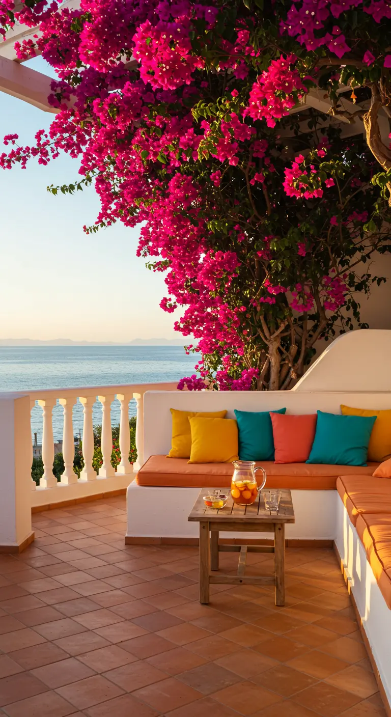 Balcón mediterráneo con buganvilla fucsia, banco de obra y cojines de colores vivos.