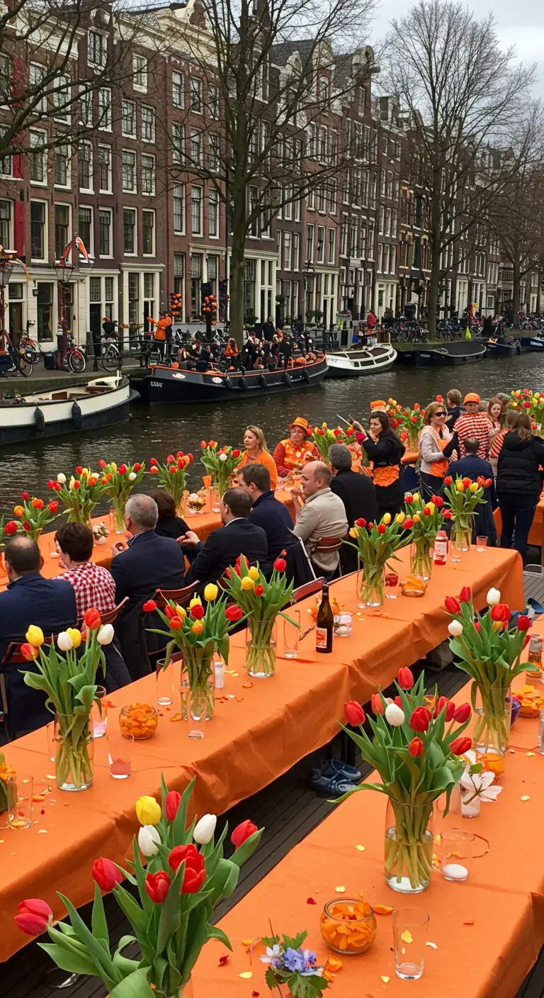 Largas mesas con manteles naranjas y jarrones de tulipanes junto a un canal de Ámsterdam.