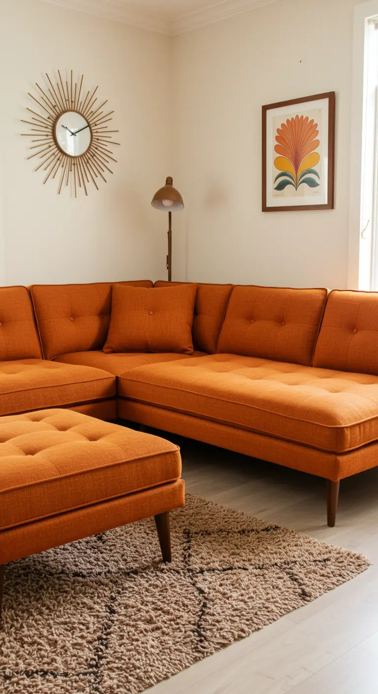 Sofá modular esquinero de estilo retro en color naranja con patas de madera y detalles capitoné.