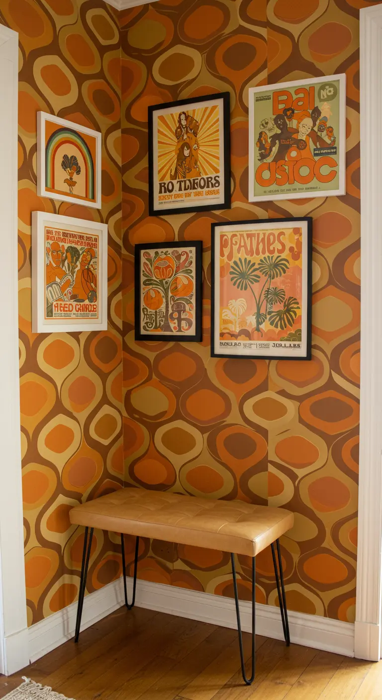 Rincón de estilo años 70 con papel pintado psicodélico, pósters retro y un banco de cuero.