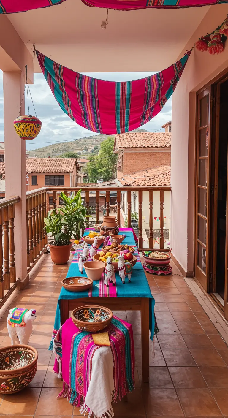 Balcón con decoración andina, mantel y toldo de tela de rayas de colores vivos.
