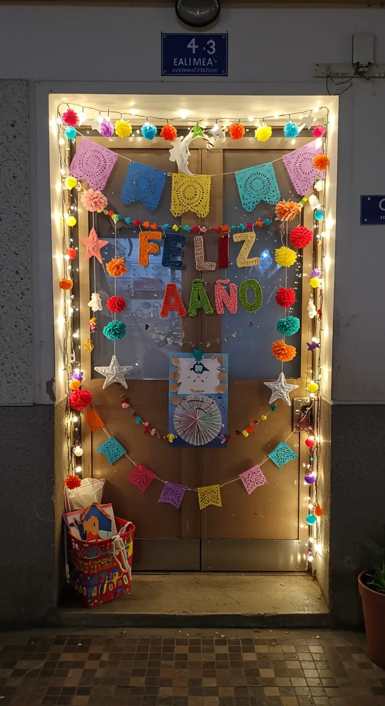 Puerta decorada con pompones, papel picado, luces y letras de lana de colores.