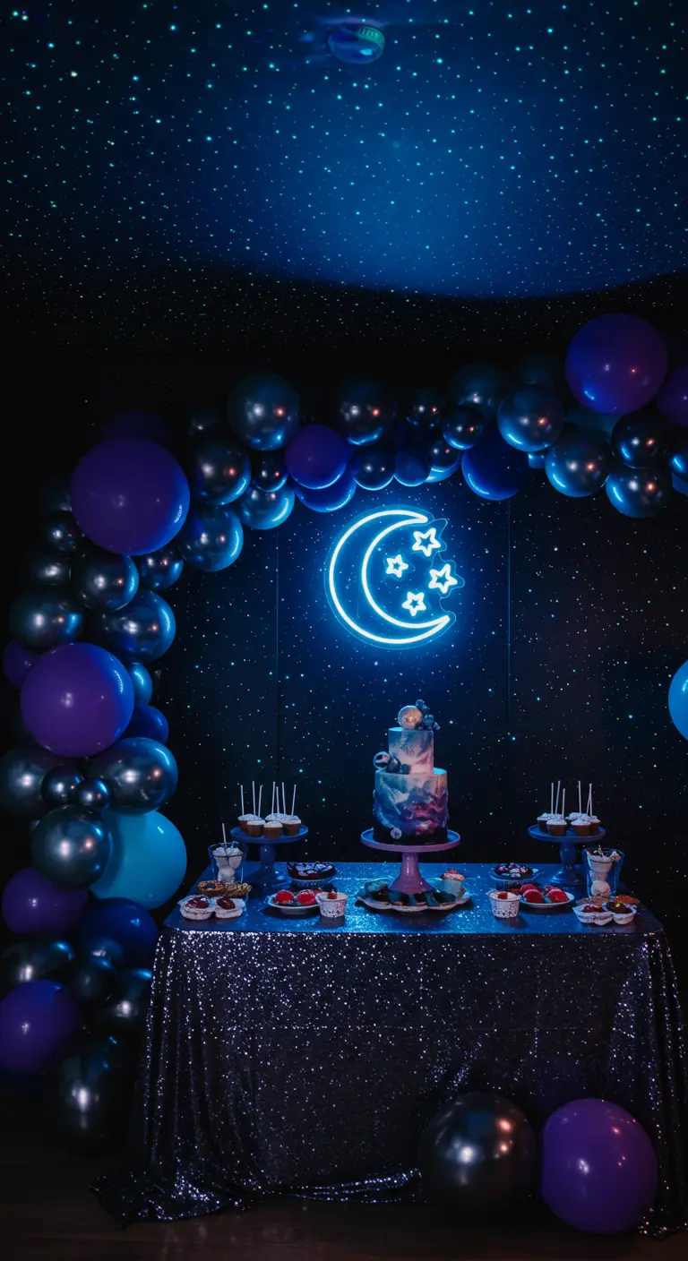 Mesa de postres con un neón de luna y estrellas, y globos en tonos azules y morados.