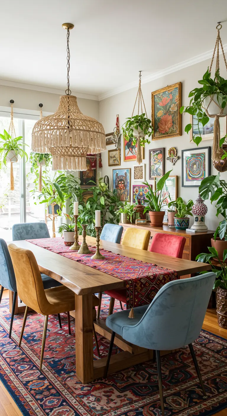 Comedor bohemio ecléctico con sillas de colores, plantas colgantes y lámpara de macramé.