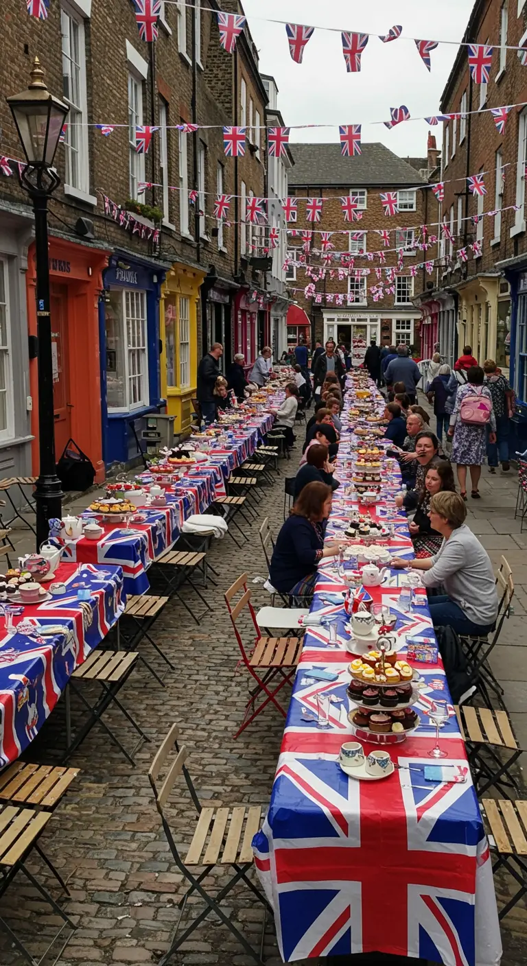 Larga mesa en una calle adoquinada con manteles de la Union Jack y banderines.