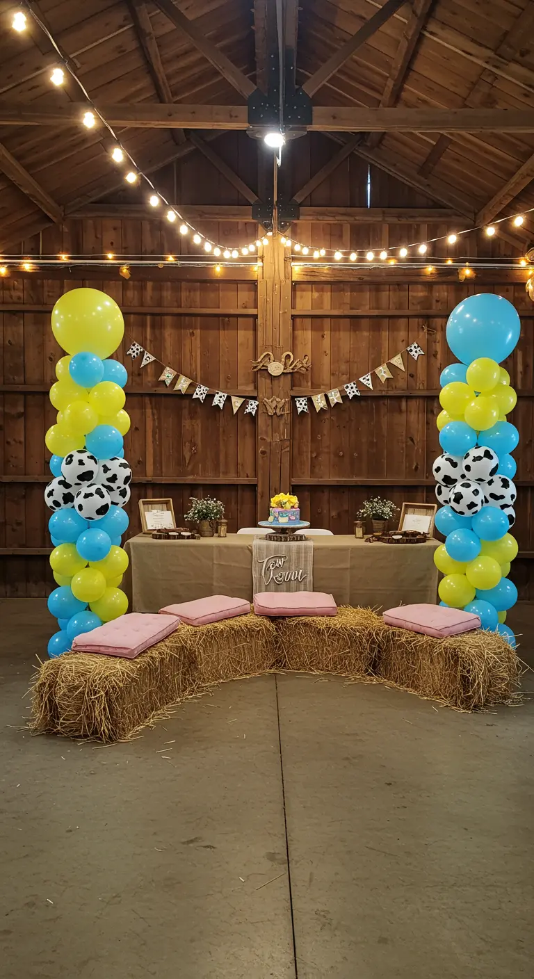 Fiesta en un granero con columnas de globos amarillos, azules y con estampado de vaca.