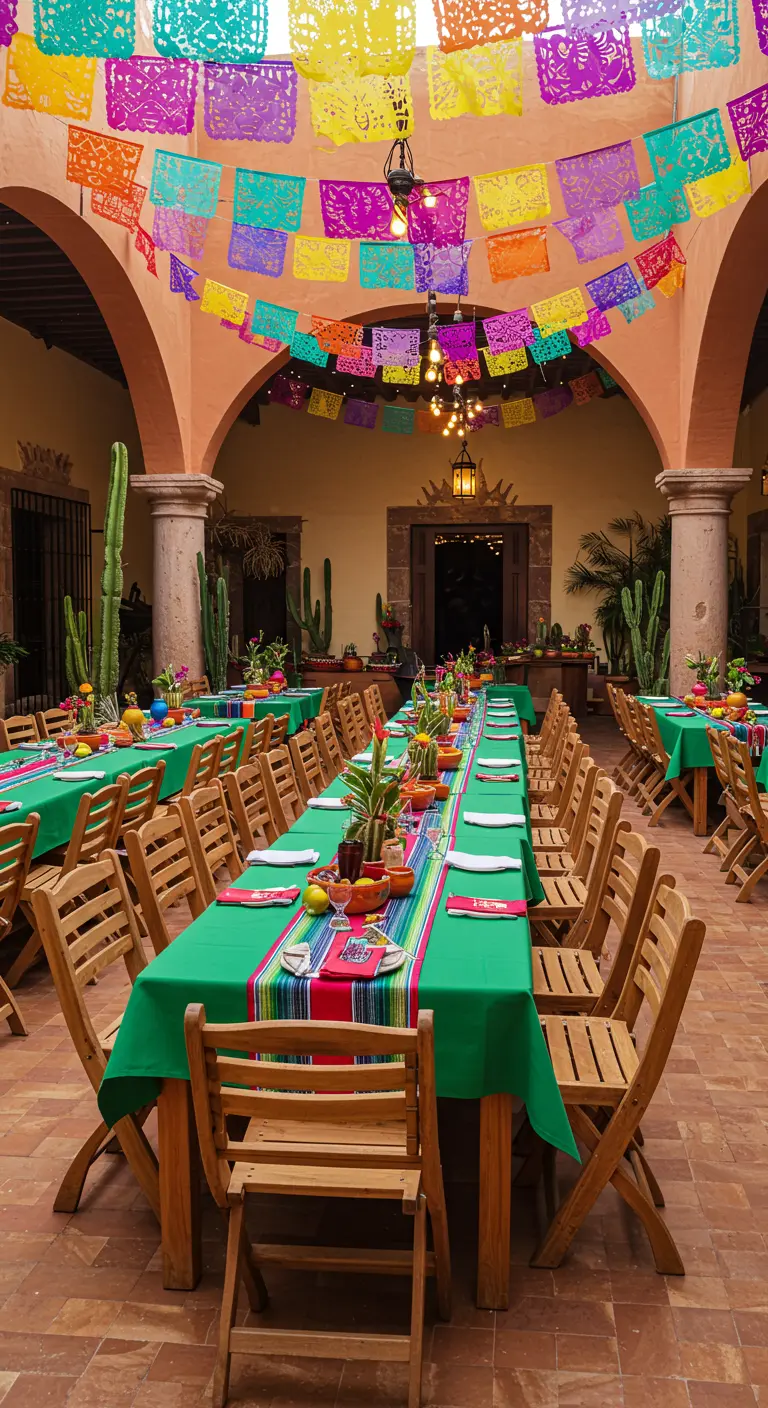 Mesas largas con manteles verdes y guirnaldas de papel picado en un patio mexicano.