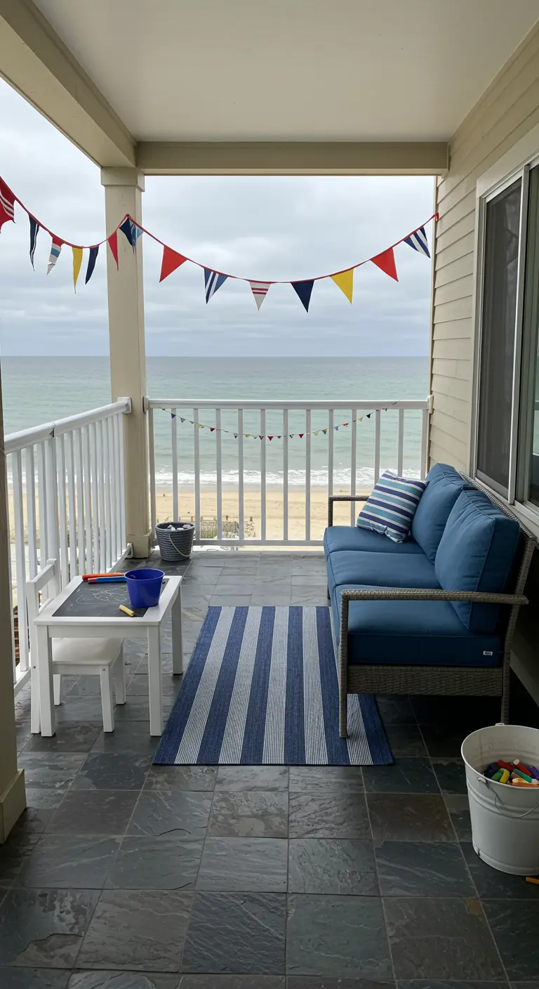 Balcón cubierto con vistas a la playa, decorado con una guirnalda de banderines náuticos.
