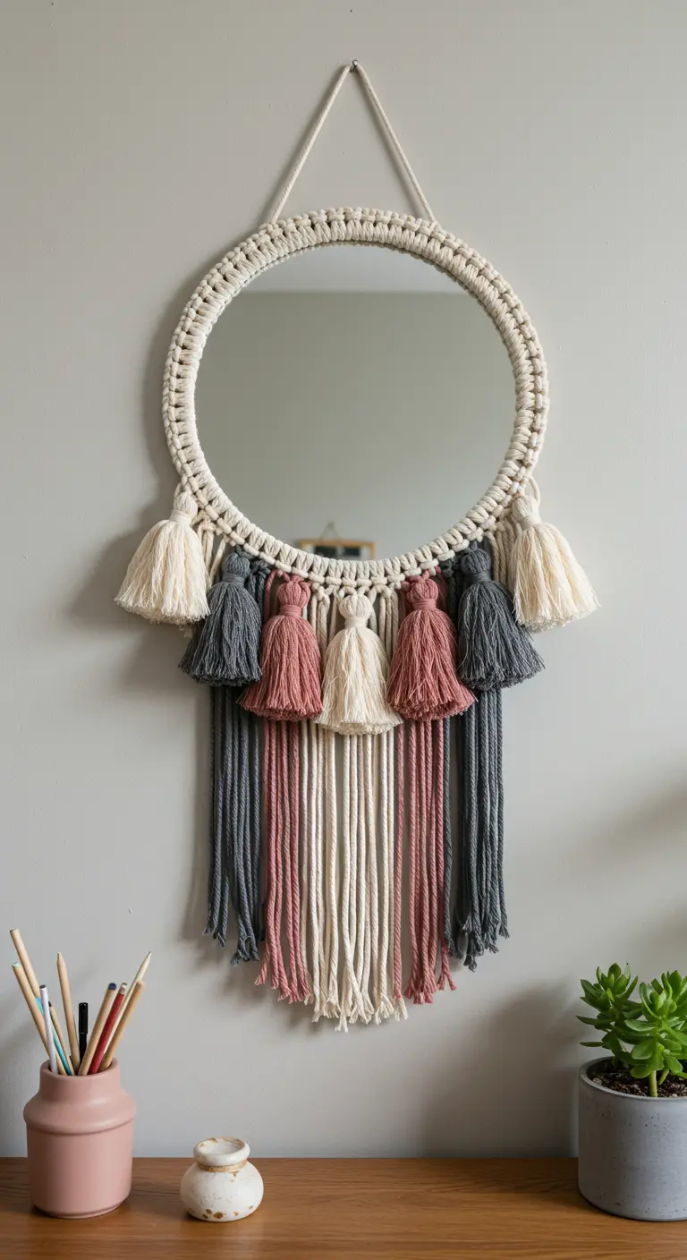 Espejo de macramé con borlas colgantes de colores crudo, gris y rosa.