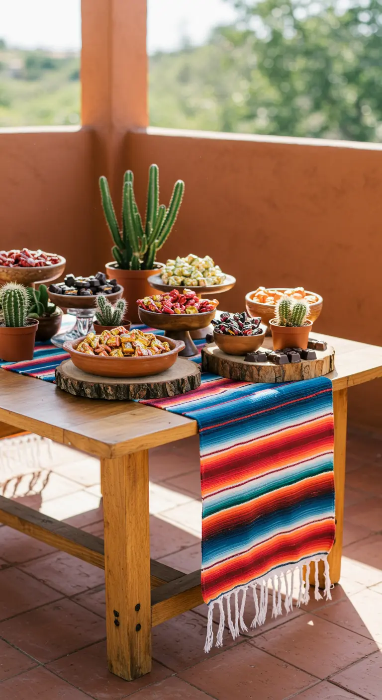Mesa de dulces con temática mexicana, un camino de mesa de colores y cactus.