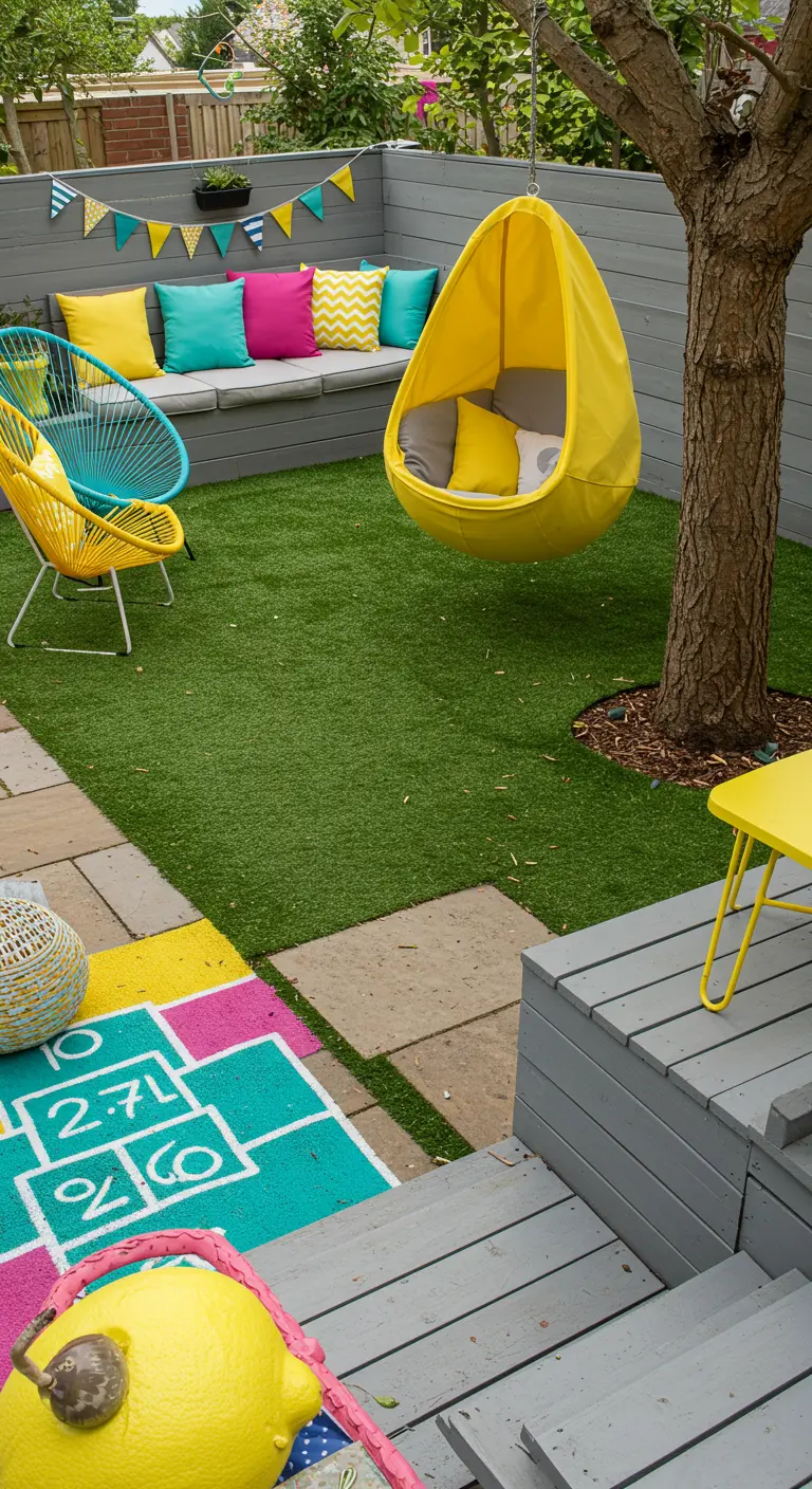Patio pequeño y colorido con banco de obra, columpio amarillo, sillas Acapulco y una rayuela pintada.