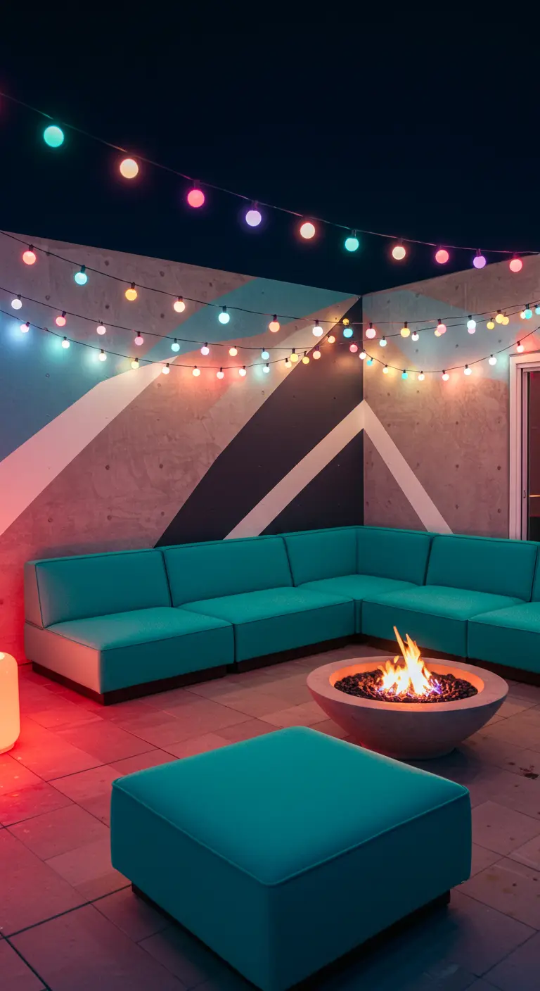 Patio con un gran sofá modular turquesa, un brasero y guirnaldas de luces de colores