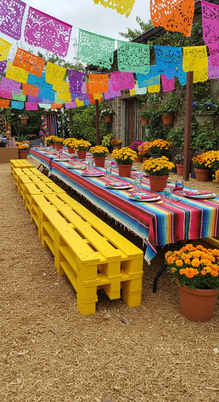 Bancos largos hechos de palets amarillos junto a una mesa decorada para una fiesta mexicana.