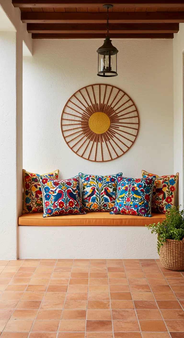 Banco de obra con cojines de bordados de colores vivos y un adorno de pared en forma de sol.