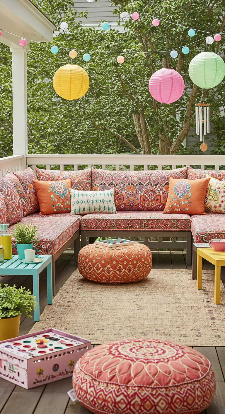 Patio alegre con sofá seccional estampado, pufs y farolillos de papel de colores colgando.