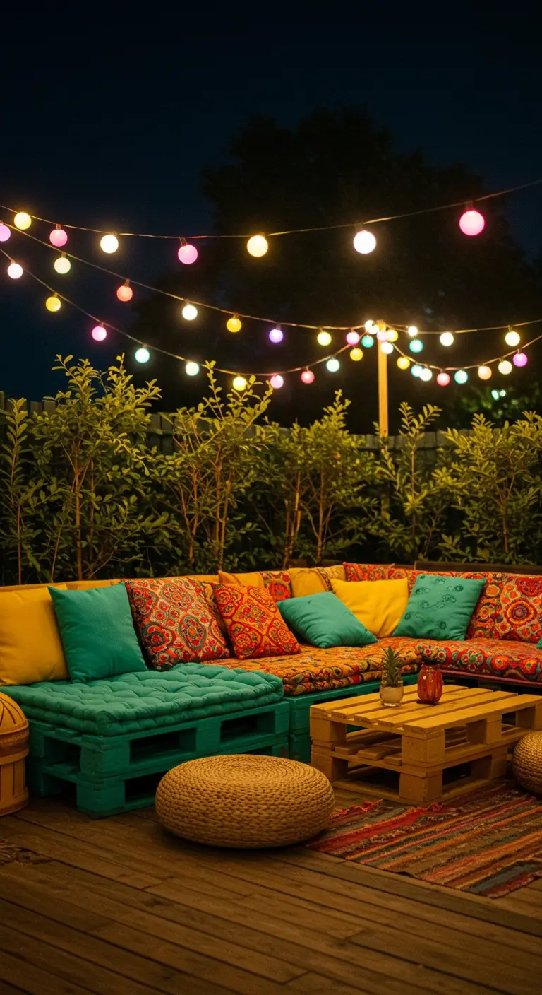 Muebles de palets pintados de verde con cojines de colores vivos y una guirnalda de bombillas de colores.