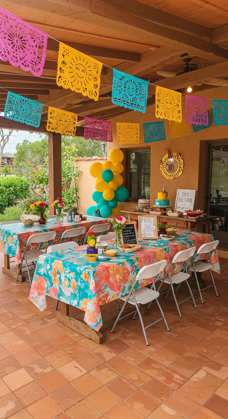 Un patio decorado para una fiesta mexicana, con papel picado y manteles florales.