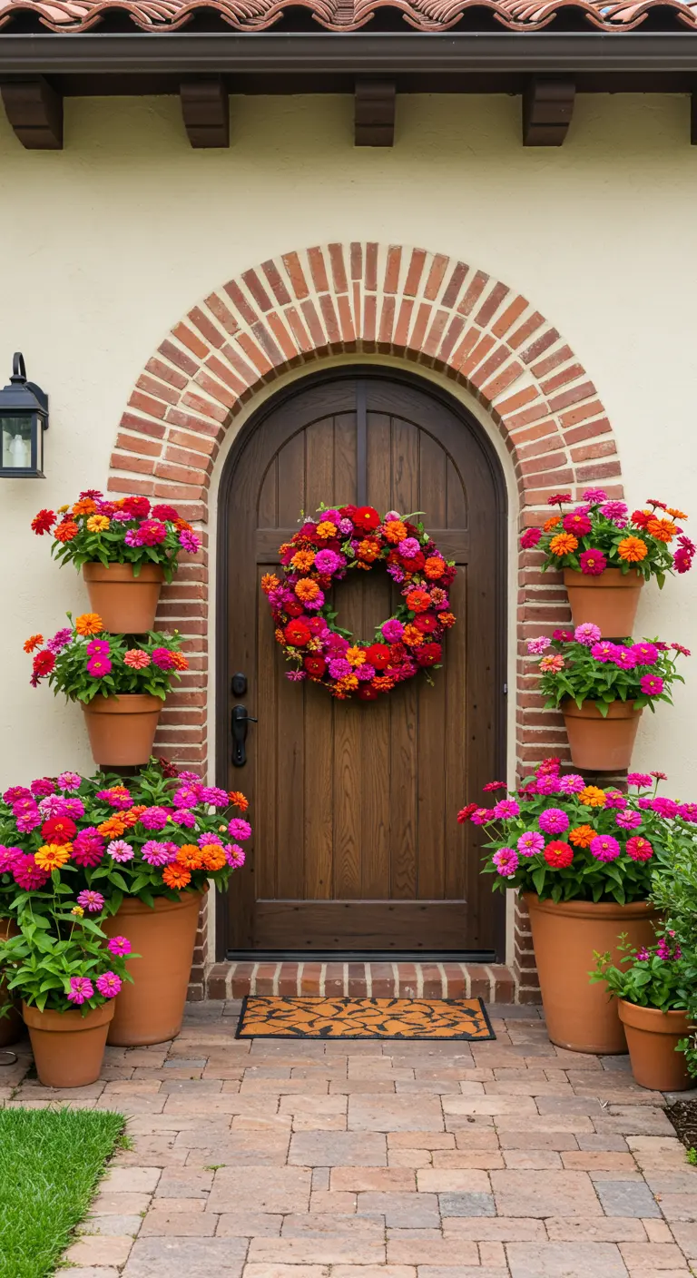 Puerta de madera en arco enmarcada por una explosión de zinnias de colores en macetas de terracota
