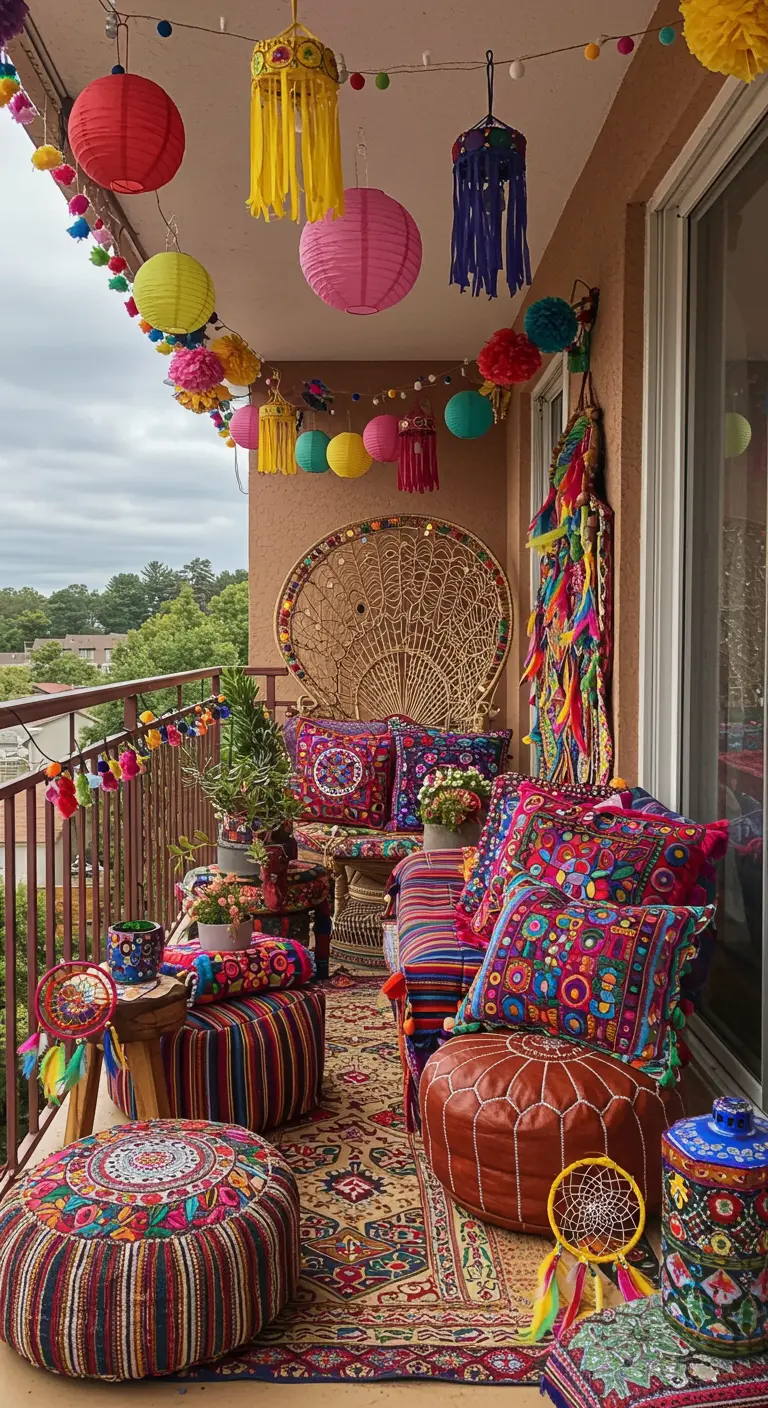 Balcón maximalista y colorido con cojines bordados, farolillos de papel y guirnaldas de pompones.