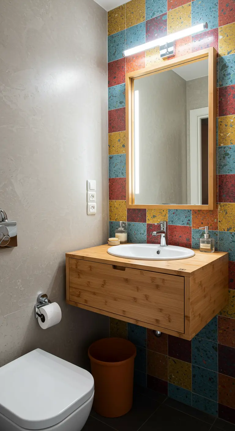 Baño moderno con una pared de acento de terrazo de colores vivos y mueble de bambú.