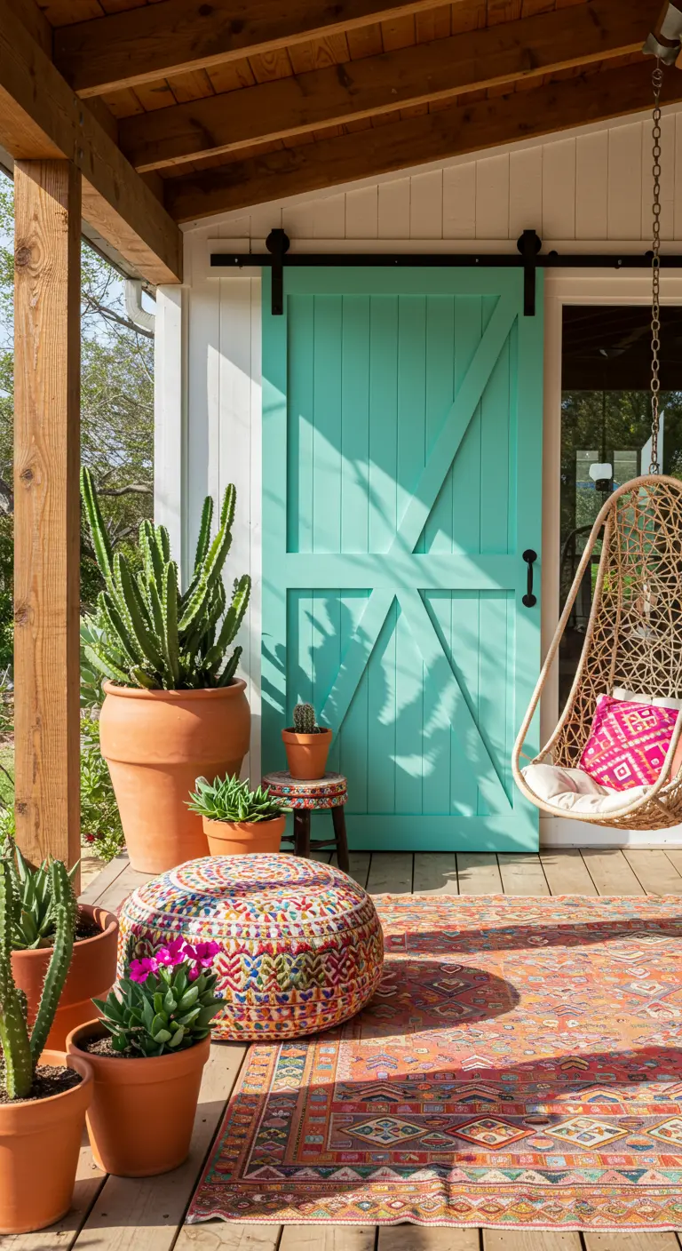 Porche boho con una puerta de granero turquesa, alfombra étnica, silla colgante y muchos cactus.