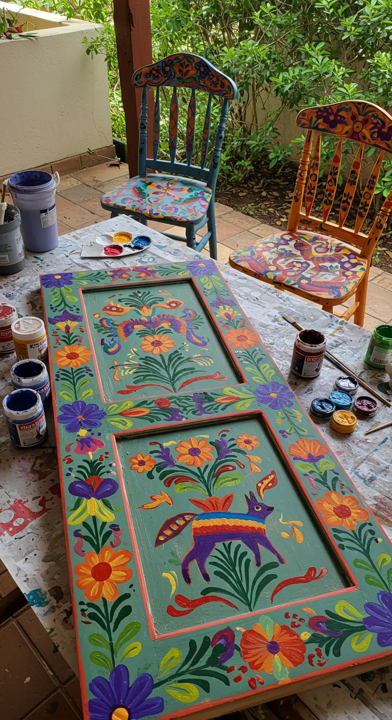 Puerta de madera pintada a mano con coloridos motivos de arte popular mexicano para una mesa de comedor.
