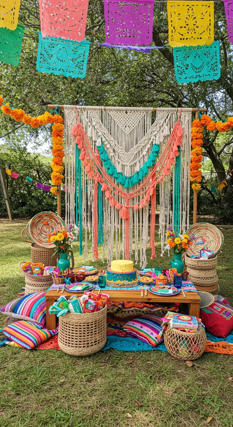 Fiesta de cumpleaños mexicana con fondo de macramé de colores y papel picado.