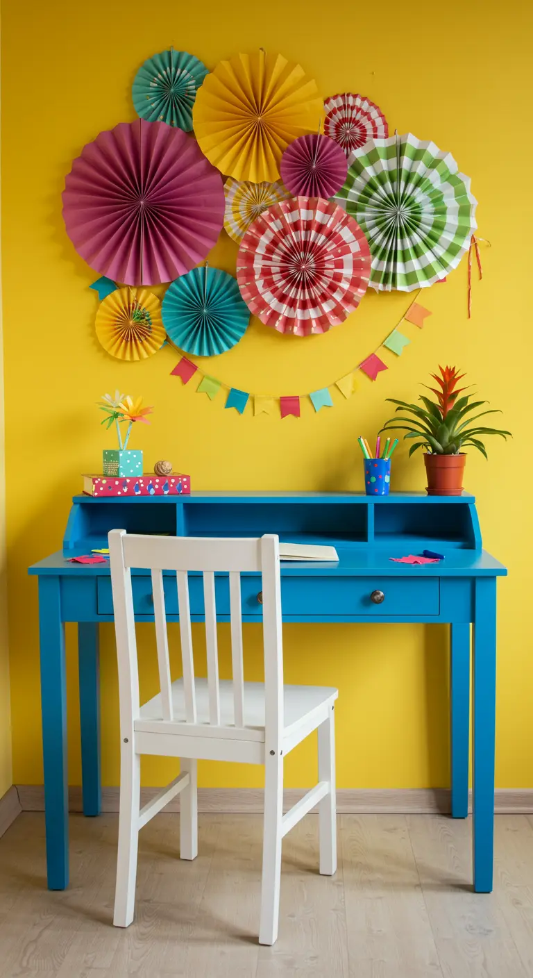 Escritorio infantil azul contra una pared amarilla decorada con rosetones de papel de colores.