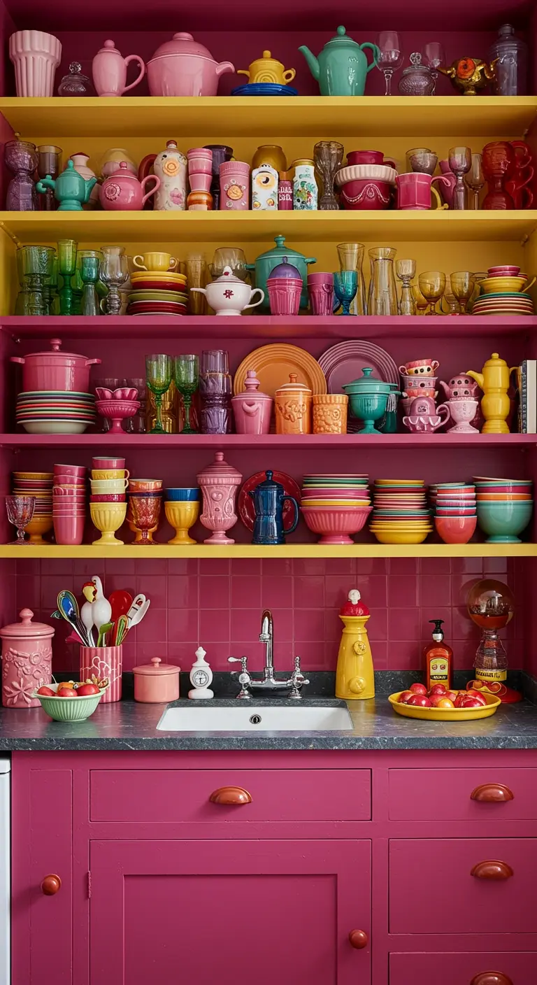 Estanterías abiertas pintadas de amarillo y rosa, repletas de una vibrante y colorida colección de vajilla.