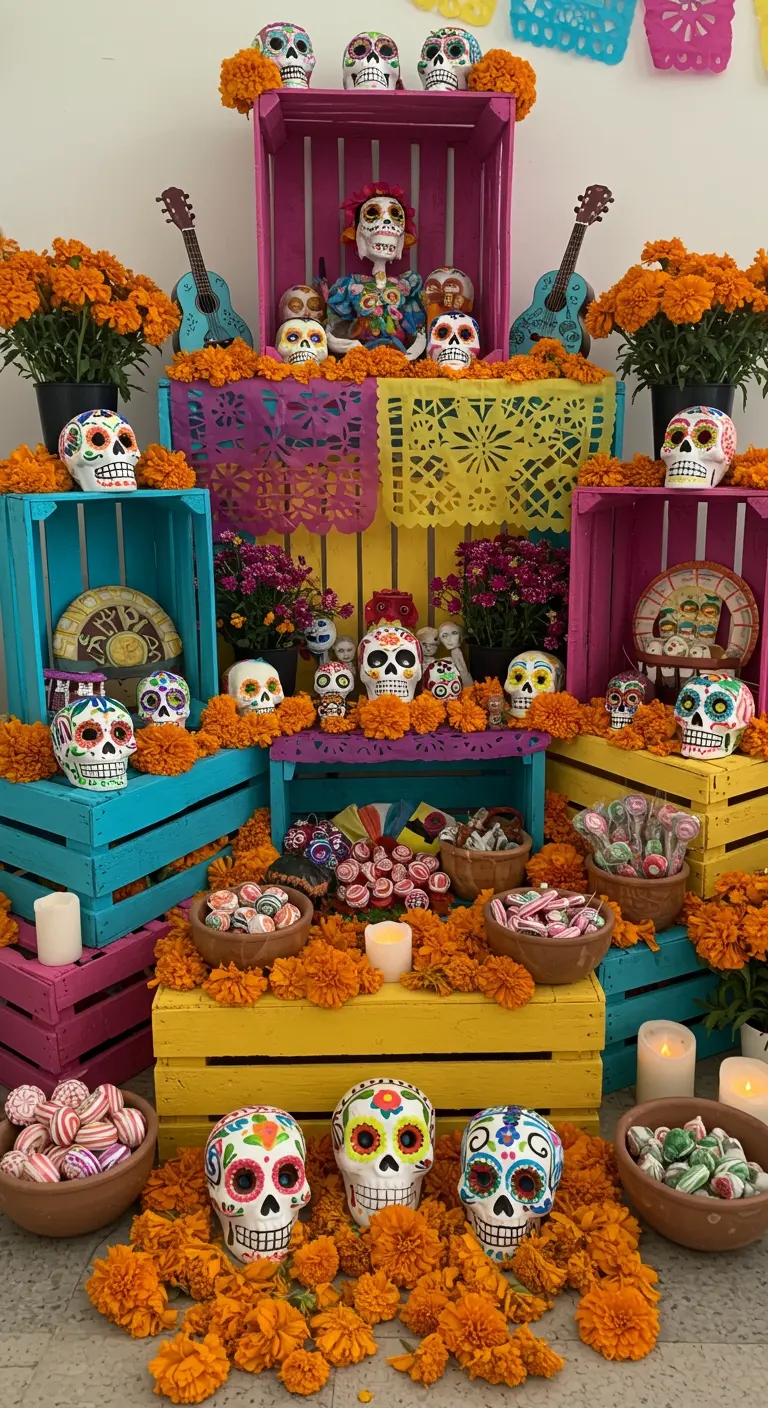 Altar de muertos muy colorido hecho con cajas de madera pintadas y lleno de calaveras de azúcar.