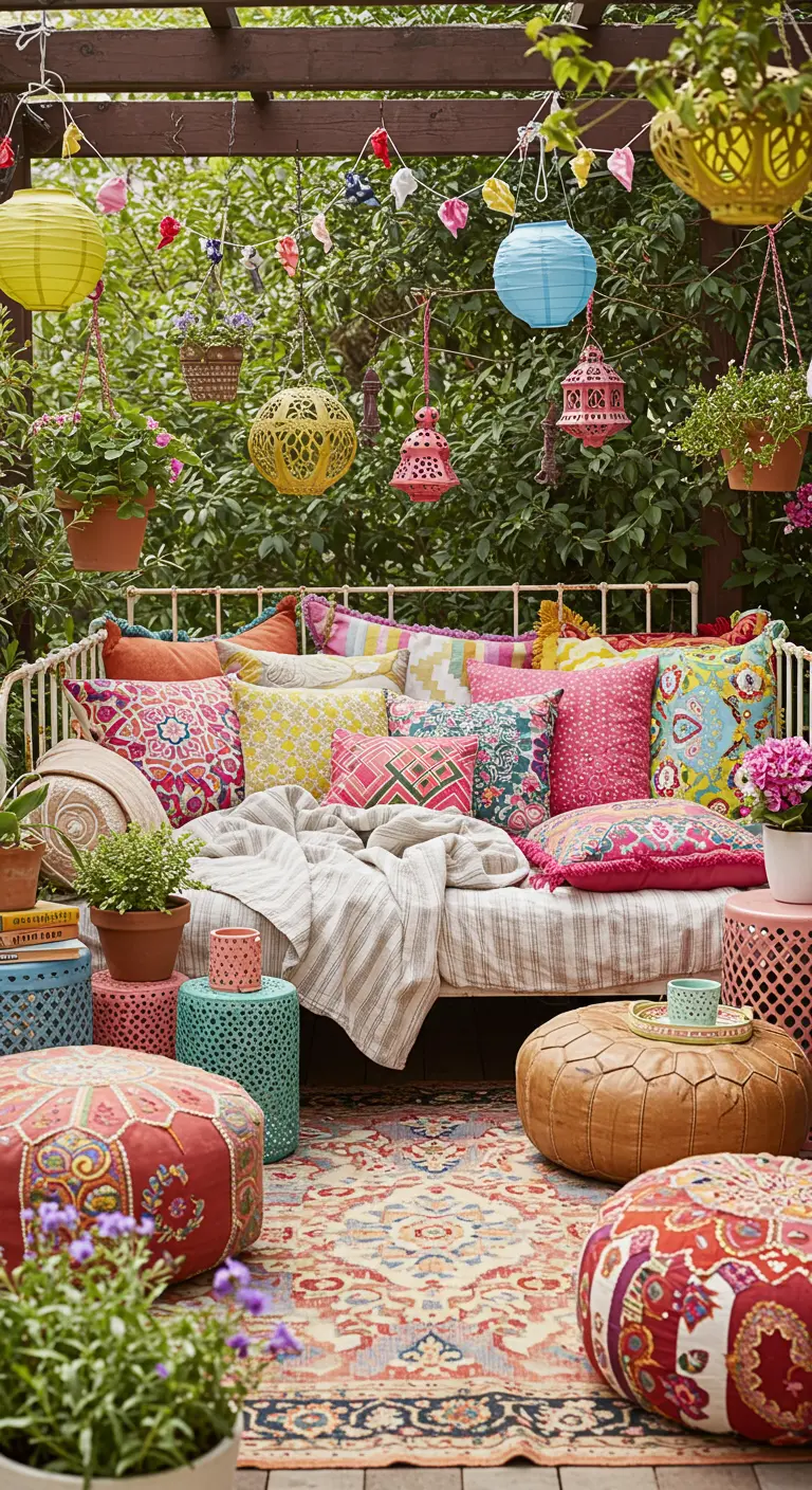 Patio bohemio y colorido con un diván lleno de cojines estampados, pufs y farolillos de papel.