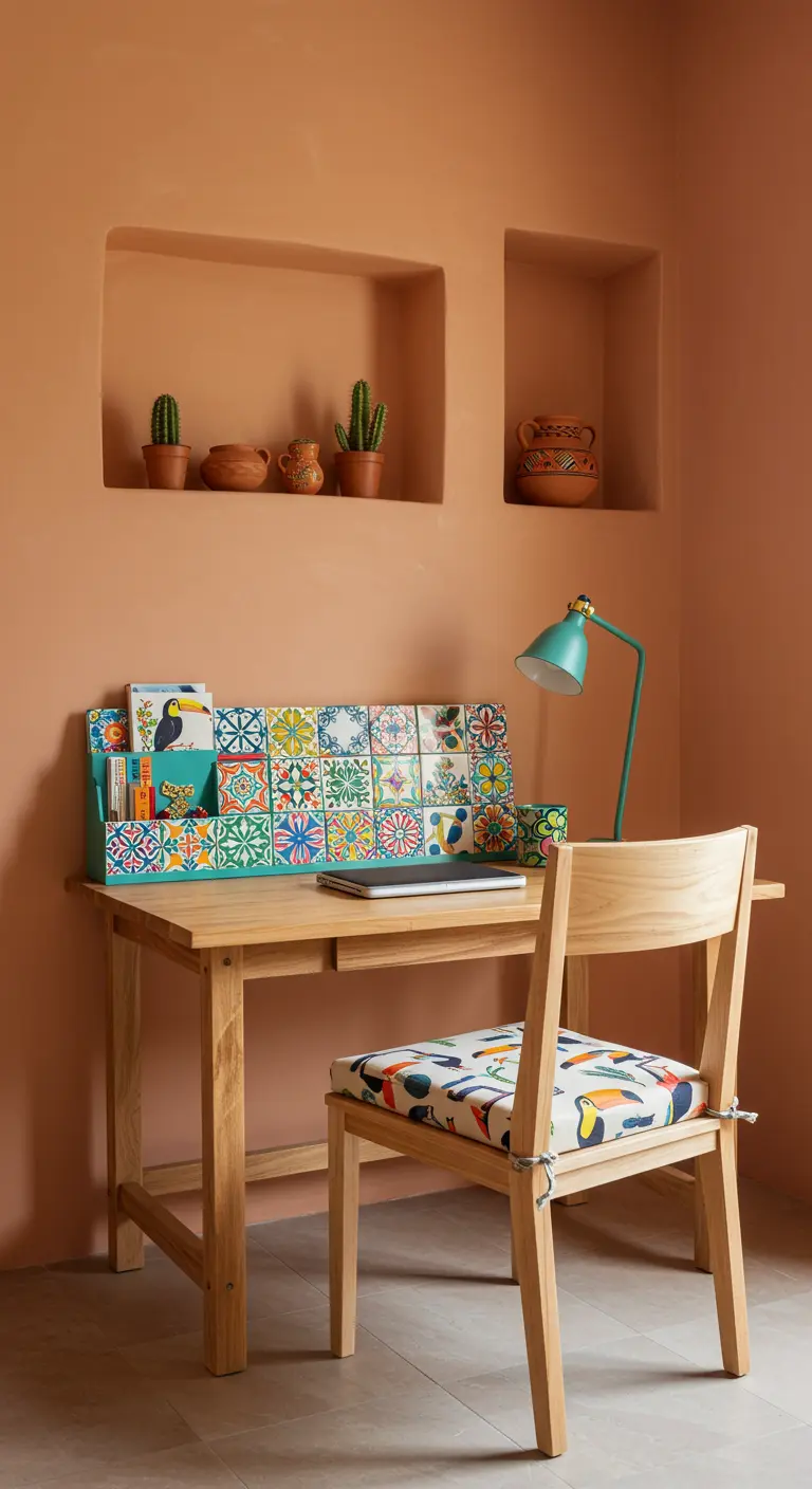 Oficina con paredes de color terracota, escritorio de madera y un organizador con azulejos coloridos.