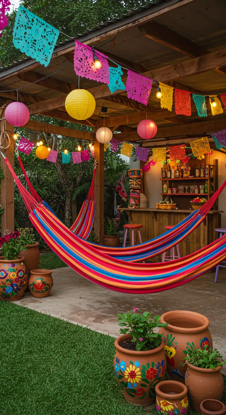 Patio festivo con hamacas de colores, papel picado, farolillos y macetas pintadas a mano.