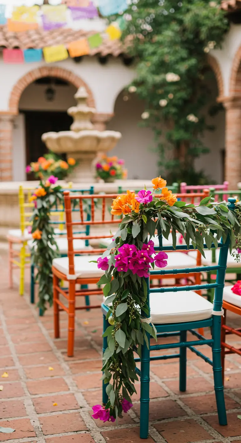 Sillas de colores vivos en un patio de estilo mexicano, adornadas con guirnaldas de eucalipto y flores fucsias.