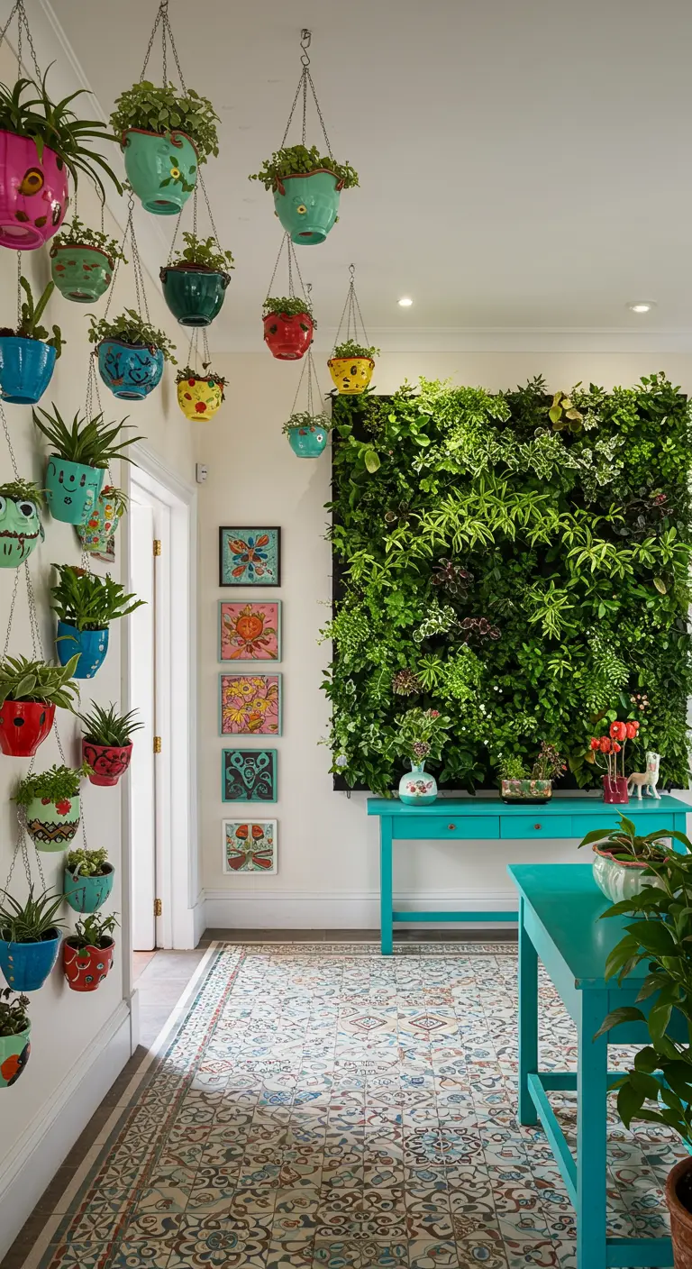 Entrada ecléctica con macetas colgantes de colores vivos y una pared de plantas junto a una consola turquesa.