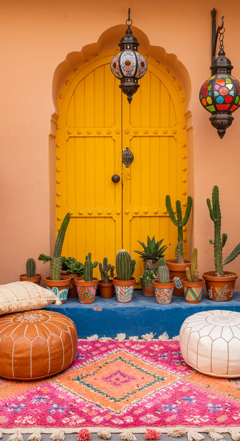Entrada vibrante con puerta amarilla, alfombra fucsia, pufs de cuero y una colección de cactus