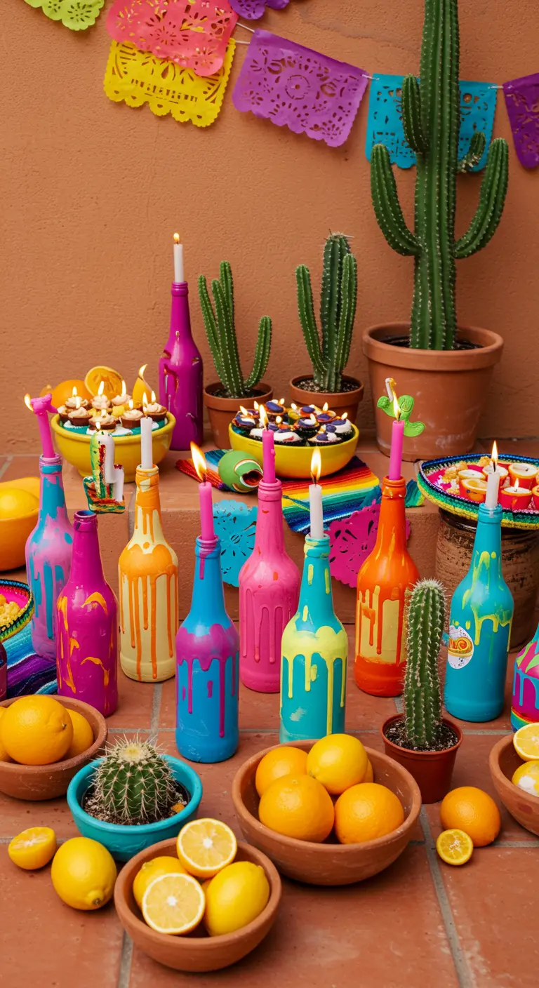 Portavelas de botella pintados con goteo de colores brillantes para una fiesta mexicana.